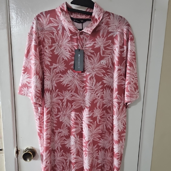 Travis Mathew Red and White Polo Shirt with Tropical Print - Picture 1 of 4